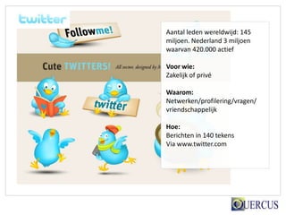 Aantal leden wereldwijd: 145
miljoen. Nederland 3 miljoen
waarvan 420.000 actief

Voor wie:
Zakelijk of privé

Waarom:
Netwerken/profilering/vragen/
vriendschappelijk

Hoe:
Berichten in 140 tekens
Via www.twitter.com
 