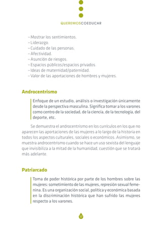 –Mostrar los sentimientos.
–Liderazgo.
–Cuidado de las personas.
–Afectividad.
–Asunción de riesgos.
–Espacios públicos/espacios privados.
–Ideas de maternidad/paternidad.
–Valor de las aportaciones de hombres y mujeres.
Androcentrismo
Enfoque de un estudio, análisis o investigación únicamente
desde la perspectiva masculina. Significa tomar a los varones
como centro de la sociedad, de la ciencia, de la tecnología, del
deporte, etc.
Se demuestra el androcentrismo en los currículos en los que no
aparecen las aportaciones de las mujeres a lo largo de la historia en
todos los aspectos culturales, sociales o económicos. Asimismo, se
muestra androcentrismo cuando se hace un uso sexista del lenguaje
que invisibiliza a la mitad de la humanidad, cuestión que se tratará
más adelante.
Patriarcado
Toma de poder histórica por parte de los hombres sobre las
mujeres: sometimiento de las mujeres, represión sexual feme-
nina. Es una organización social, política y económica basada
en la discriminación histórica que han sufrido las mujeres
respecto a los varones.
17
QUEREMOSCOEDUCAR
 