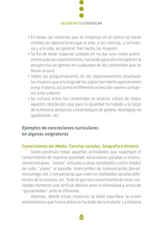 • En todas las materias que se impartan en el centro se harán
visibles las aportaciones que al arte, a las ciencias, a la histo-
ria y a la vida, en general, han hecho las mujeres.
• Se ha de tener especial cuidado en no dar una visión andro-
céntrica de los conocimientos, haciendo para ello hincapié en la
perspectiva de género en cualquiera de los contenidos que se
llevan al aula.
• Todas las programaciones de los departamentos resaltarán
las mujeres que a lo largo de los siglos han hecho aportaciones
a esa materia, así como el diferente acceso de varones y muje-
res a los saberes.
• Se incluirá entre los contenidos el análisis crítico de todos
aquellos obstáculos que para la igualdad ha habido a lo largo
de la historia: prejuicios y estereotipos de género, ideologías no
igualitarias, etc.
Ejemplos de concreciones curriculares
en algunas asignaturas
Conocimiento del Medio. Ciencias sociales, Geografía e Historia
Serán positivas todas aquellas actividades que supongan el
conocimiento de nuestra sociedad: excursiones guiadas a institu-
ciones cercanas, “visitas” virtuales a otras sociedades y otros modos
de vida, “viajes” al pasado, intercambio de comunicación (email,
messenger, etc.) con personas que viven en realidades sociales dife-
rentes de la nuestra, etc. Todo lo que sea conocimiento de otras rea-
lidades fomenta una actitud abierta ante la diversidad y actúa de
“quitamiedos” ante lo diferente.
Además, desde estas materias se debe equilibrar la visión
androcéntrica que hasta ahora se ha dado de la historia. La historia
50
QUEREMOSCOEDUCAR
 