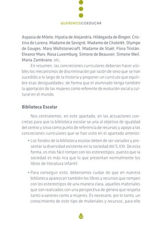 Aspasia de Mileto, Hipatia de Alejandría, Hildegarda de Bingen, Cris-
tina de Lorena, Madame de Sevigné, Madame de Chatelêt, Olympe
de Gouges, Mary Wollstonecraft, Madame de Staël, Flora Tristán,
Eleanor Marx, Rosa Luxemburg, Simone de Beauvoir, Simone Weil,
María Zambrano, etc.
En resumen, las concreciones curriculares deberían hacer visi-
bles los mecanismos de discriminación por razón de sexo que se han
sucedido a lo largo de la historia y proponer un currículo que equili-
bre esas desigualdades, de forma que el alumnado tenga también
la aportación de las mujeres como referente de evolución social y cul-
tural en el mundo.
Biblioteca Escolar
Nos centraremos, en este apartado, en las actuaciones con-
cretas para que la biblioteca escolar se una al objetivo de igualdad
del centro y sirva como punto de referencia de recursos y apoyo a las
concreciones curriculares que se han visto en el apartado anterior:
• Los fondos de la biblioteca escolar deben de ser variados y pre-
sentar la diversidad existente en la sociedad del S.XXI. De esta
forma, es más fácil romper con los estereotipos, puesto que la
sociedad es más rica que lo que presentan normalmente los
libros de literatura infantil.
• Para conseguir esto, deberíamos cuidar de que en nuestra
biblioteca aparezcan también los libros y recursos que rompen
con los estereotipos de una manera clara, aquellos materiales
que son realizados con una perspectiva de género que respeta
tanto a varones como a mujeres. Es necesario, por lo tanto, un
conocimiento de este tipo de materiales y recursos, para ello
55
QUEREMOSCOEDUCAR
 
