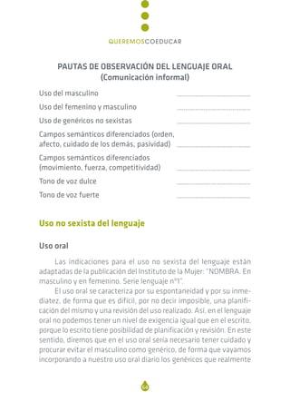 PAUTAS DE OBSERVACIÓN DEL LENGUAJE ORAL
(Comunicación informal)
Uso del masculino ............................................
Uso del femenino y masculino ............................................
Uso de genéricos no sexistas ............................................
Campos semánticos diferenciados (orden,
afecto, cuidado de los demás, pasividad) ............................................
Campos semánticos diferenciados
(movimiento, fuerza, competitividad) ............................................
Tono de voz dulce ............................................
Tono de voz fuerte ............................................
Uso no sexista del lenguaje
Uso oral
Las indicaciones para el uso no sexista del lenguaje están
adaptadas de la publicación del Instituto de la Mujer: “NOMBRA. En
masculino y en femenino. Serie lenguaje nº1”.
El uso oral se caracteriza por su espontaneidad y por su inme-
diatez, de forma que es difícil, por no decir imposible, una planifi-
cación del mismo y una revisión del uso realizado. Así, en el lenguaje
oral no podemos tener un nivel de exigencia igual que en el escrito,
porque lo escrito tiene posibilidad de planificación y revisión. En este
sentido, diremos que en el uso oral sería necesario tener cuidado y
procurar evitar el masculino como genérico, de forma que vayamos
incorporando a nuestro uso oral diario los genéricos que realmente
64
QUEREMOSCOEDUCAR
 