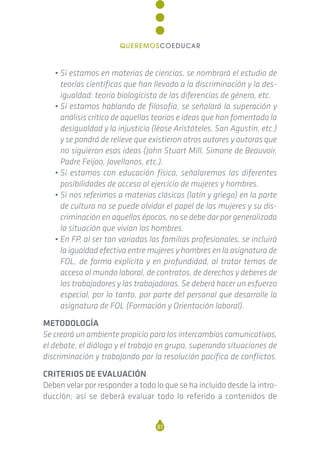 • Si estamos en materias de ciencias, se nombrará el estudio de
teorías científicas que han llevado a la discriminación y la des-
igualdad: teoría biologicista de las diferencias de género, etc.
• Si estamos hablando de filosofía, se señalará la superación y
análisis crítico de aquellas teorías e ideas que han fomentado la
desigualdad y la injusticia (léase Aristóteles, San Agustín, etc.)
y se pondrá de relieve que existieron otros autores y autoras que
no siguieron esas ideas (John Stuart Mill, Simone de Beauvoir,
Padre Feijoo, Jovellanos, etc.).
• Si estamos con educación física, señalaremos las diferentes
posibilidades de acceso al ejercicio de mujeres y hombres.
• Si nos referimos a materias clásicas (latín y griego) en la parte
de cultura no se puede olvidar el papel de las mujeres y su dis-
criminación en aquellas épocas, no se debe dar por generalizada
la situación que vivían los hombres.
• En FP, al ser tan variadas las familias profesionales, se incluirá
la igualdad efectiva entre mujeres y hombres en la asignatura de
FOL, de forma explícita y en profundidad, al tratar temas de
acceso al mundo laboral, de contratos, de derechos y deberes de
los trabajadores y las trabajadoras. Se deberá hacer un esfuerzo
especial, por lo tanto, por parte del personal que desarrolle la
asignatura de FOL (Formación y Orientación laboral).
METODOLOGÍA
Se creará un ambiente propicio para los intercambios comunicativos,
el debate, el diálogo y el trabajo en grupo, superando situaciones de
discriminación y trabajando por la resolución pacífica de conflictos.
CRITERIOS DE EVALUACIÓN
Deben velar por responder a todo lo que se ha incluido desde la intro-
ducción; así se deberá evaluar todo lo referido a contenidos de
81
QUEREMOSCOEDUCAR
 