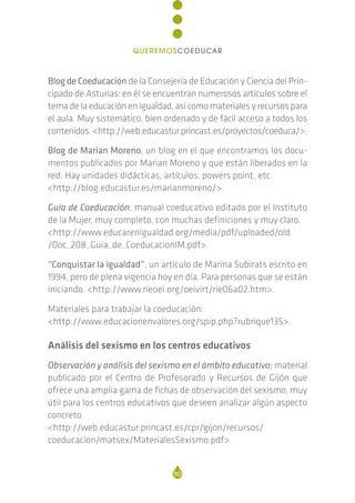 Blog de Coeducación de la Consejería de Educación y Ciencia del Prin-
cipado de Asturias: en él se encuentran numerosos artículos sobre el
tema de la educación en igualdad, así como materiales y recursos para
el aula. Muy sistemático, bien ordenado y de fácil acceso a todos los
contenidos. <http://web.educastur.princast.es/proyectos/coeduca/>.
Blog de Marian Moreno, un blog en el que encontramos los docu-
mentos publicados por Marian Moreno y que están liberados en la
red. Hay unidades didácticas, artículos, powers point, etc.
<http://blog.educastur.es/marianmoreno/>.
Guía de Coeducación, manual coeducativo editado por el Instituto
de la Mujer, muy completo, con muchas definiciones y muy claro.
<http://www.educarenigualdad.org/media/pdf/uploaded/old
/Doc_208_Guia_de_CoeducacionIM.pdf>.
“Conquistar la igualdad”, un artículo de Marina Subirats escrito en
1994, pero de plena vigencia hoy en día. Para personas que se están
iniciando. <http://www.rieoei.org/oeivirt/rie06a02.htm>.
Materiales para trabajar la coeducación:
<http://www.educacionenvalores.org/spip.php?rubrique135>.
Análisis del sexismo en los centros educativos
Observación y análisis del sexismo en el ámbito educativo: material
publicado por el Centro de Profesorado y Recursos de Gijón que
ofrece una amplia gama de fichas de observación del sexismo, muy
útil para los centros educativos que deseen analizar algún aspecto
concreto.
<http://web.educastur.princast.es/cpr/gijon/recursos/
coeducacion/matsex/MaterialesSexismo.pdf>.
90
QUEREMOSCOEDUCAR
 
