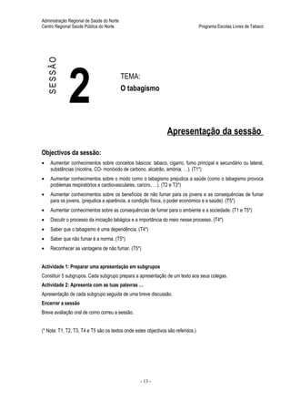 Administração Regional de Saúde do Norte
Centro Regional Saúde Pública do Norte                                             Programa Escolas Livres de Tabaco




    SESSÃO




              2                            TEMA:
                                           O tabagismo




                                                                 Apresentação da sessão

Objectivos da sessão:
•    Aumentar conhecimentos sobre conceitos básicos: tabaco, cigarro, fumo principal e secundário ou lateral,
     substâncias (nicotina, CO- monóxido de carbono, alcatrão, amónia, …). (T1*)
•    Aumentar conhecimentos sobre o modo como o tabagismo prejudica a saúde (como o tabagismo provoca
     problemas respiratórios e cardiovasculares, cancro, …). (T2 e T3*)
•    Aumentar conhecimentos sobre os benefícios de não fumar para os jovens e as consequências de fumar
     para os jovens, (prejudica a aparência, a condição física, o poder económico e a saúde). (T5*)
•    Aumentar conhecimentos sobre as consequências de fumar para o ambiente e a sociedade. (T1 e T5*)
•    Discutir o processo da iniciação tabágica e a importância do meio nesse processo. (T4*)
•    Saber que o tabagismo é uma dependência. (T4*)
•    Saber que não fumar é a norma. (T5*)
•    Reconhecer as vantagens de não fumar. (T5*)


Actividade 1: Preparar uma apresentação em subgrupos
Constituir 5 subgrupos. Cada subgrupo prepara a apresentação de um texto aos seus colegas.
Actividade 2: Apresenta com as tuas palavras …
Apresentação de cada subgrupo seguida de uma breve discussão.
Encerrar a sessão
Breve avaliação oral de como correu a sessão.


(* Nota: T1, T2, T3, T4 e T5 são os textos onde estes objectivos são referidos.)




                                                   - 13 -
 