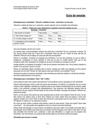 Administração Regional de Saúde do Norte
Centro Regional Saúde Pública do Norte                                          Programa Escolas Livres de Tabaco



                                                                                    Guia da sessão
Orientações para a actividade 1: Discutir o trabalho de casa – entrevista a um dos pais
Utilizando o método do braço no ar, preencher o quadro seguinte com os resultados das entrevistas.
              Quadro 1 –Tabela para contar rapidamente as respostas à entrevista realizada aos pais
                          Questões Resultados
1. Não fumador ou fumador?                 Não fumador _____   Fumador _____
2.1. Não fumador protege-se?               Muito _____   Pouco _____   Nada _____
2.2. Fumador protege os outros?            Muito _____   Pouco _____   Nada _____
3. A exposição ao fumo ambiental           Muito _____   Pouco _____   Nada _____
prejudica a saúde?


Face aos resultados, discutir com a turma.
Em primeiro lugar, uma percentagem razoável dos alunos fez a entrevista? Se sim, reconhecer e reforçar. Se
não, discutir porquê? Será que o tema não é importante? Será que não há o hábito de fazer este tipo de
trabalhos? Será que não há espaço em casa para este tipo de perguntas?…
Discutir os resultados. Comparar as respostas dos fumadores e as dos não fumadores no que se refere a
proteger-se / protegerem os outros (questão 2). Será que há aqui um conflito latente? Será que os não
fumadores estão mais interessados em proteger-se do que os fumadores em proteger os outros?
Analisar também os resultados da questão 3: será que as pessoas reconhecem que o fumo passivo prejudica a
saúde? E em que grau? (pouco ou muito).
Discutir as implicações destes resultados para os alunos. Aqueles que estão mais expostos ao fumo passivo
preocupam-se com isso? Pensam em fazer alguma coisa para melhorar a sua situação? O quê?
Introduzem-se assim as próximas actividades, mais orientadas para estimular medidas no sentido da protecção
dos alunos relativamente ao fumo passivo.
Orientações para a actividade 2: Dizer “não” é difícil
Como podemos evitar fumar quando não queremos? Como podemos evitar a exposição ao fumo ambiental?
Colocar estas perguntas à turma e pedir aos alunos para pensarem, em silêncio, em respostas. Dar um ou dois
minutos e pedir sugestões. Classificar as respostas entre as que implicam transformação de nós próprios (saber
melhor o que queremos, conseguir dizer adequadamente o que queremos, não frequentar espaços onde há
muito fumo) e as que implicam transformação do meio (mais informação, educação das pessoas, melhores leis,
políticas de escola).
Pedir a um dos alunos mais activos nas suas respostas para se sentar numa cadeira à frente da turma. Ao seu
lado colocar uma cadeira vazia. O aluno deve imaginar que nessa cadeira está uma pessoa a fumar sem
qualquer cuidado com o fumo. Pedir ao aluno para comunicar a essa pessoa que não quer fumar o seu cigarro.
O Professor irá "dando voz" ao interlocutor do aluno.
Se o aluno se sentir inibido o professor pode solicitar o apoio de outros alunos: “Quem quer ajudar? Quem sabe
o que fazer?… Os outros podem dar sugestões ao aluno ou mesmo virem eles dramatizar.
Através desta dramatização os alunos treinam competências para gerir melhor uma situação como esta. Mas a
dramatização serve também para demonstrar que resolver sozinho situações como esta é muito difícil. Por isso
esta actividade deve terminar com o professor a notar essa dificuldade e a sugerir que há soluções mais
demoradas, mas mais eficazes, que passam pela transformação do meio (tema da próxima sessão).
Orientação para encerrar a sessão


                                                    - 22 -
 