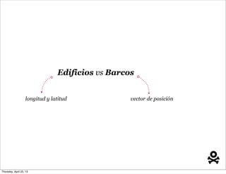 Edificios vs Barcos
longitud y latitud vector de posición
Thursday, April 25, 13
 