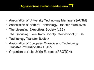 Association of University Technology Managers (AUTM) Association of Federal Technology Transfer Executives The Licensing Executives Society (LES) The Licensing Executives Society International (LESI) Technology Transfer Society Association of European Science and Technology Transfer Professionals (ASTP) Organismos de la Unión Europea (PROTON) Agrupaciones relacionadas con  TT 