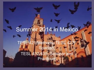 Summer 2014 in Mexico
TESL 421 Methods, TESL 437F
Spanish,
TESL 432/435 Seminar and
Practicum

 