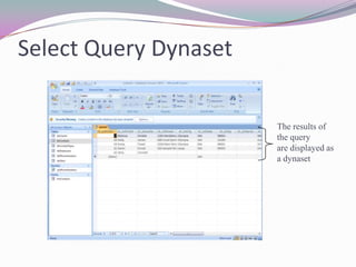 Select Query DynasetThe results of the queryare displayed as a dynaset