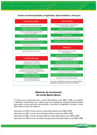 5


     Análise de Potencialidades, Fragilidades, Oportunidades e Ameaças:


             POTENCIALIDADES                                          FRAGILIDADES

         FORÇA DA MARCA QUERO-QUERO                         QUERO-QUERO AINDA NÃO PRESENTE
                                                                 EM GRANDES CENTROS
           PRESENÇA DA QUERO-QUERO
          EM CIDADES DO INTERIOR DO RS                           SERVIÇOS COM ALTO CUSTO

        VÍNCULO DA MARCA QUERO-QUERO                      POUCA PROFISSIONALIZAÇÃO DA EQUIPE
              COM COMUNIDADES
                                                                        ROTATIVIDADE
       MODELO DE NEGÓCIO DIVERSIFICADO
                                                         POUCO PADRÃO ARQUITETÔNICO DE LOJA
              EMPRESA CAPITALIZADA
                                                           RESISTÊNCIA INTERNA A NOVA CULTURA
       ACIONISTA COM FORÇA E REPUTAÇÃO

            GRANDE BASE DE CLIENTES

           BAIXO CUSTO OPERACIONAL                                       AMEAÇAS
           FORTE PODER DE BARGANHA                              ENTRADA DE NOVOS PLAYERS
                                                                     NO MERCADO
                                                            CRISE ECONÔMICA INTERNACIONAL

               OPORTUNIDADES                                  AUMENTO DA CONCENTRAÇÃO
                                                                  DE FORNECEDORES
             CRESCIMENTO DO PODER                          NOVAS TECNOLOGIAS SUBSTITUINDO
             AQUISITIVO DA CLASSE C/D                      CARTÃO COMO MEIO DE PAGAMENTO
              CONCORRÊNCIA DIRETA                        SURGIMENTO DE NOVOS CANAIS DE VENDA
             PERDENDO MARKET SHARE
                                                                AUMENTO DE INADIMPLÊNCIA
         CENÁRIO FORTE PARA CRESCIMENTO
      DE SERVIÇOS FINANCEIROS E CRESCIMENTO
                                                               CANAIS DIRETOS DA INDÚSTRIA
                DE CRÉDITO PESSOAL
              GOVERNO COM PACOTES                     ACIRRAMENTO DA CONCENTRAÇÃO DE PLAYERS
             DE REDUÇÃO DE IMPOSTOS
                                                             CRESCIMENTO DA INFORMALIDADE
             COMUNIDADES RESPEITAM
             A MARCA QUERO-QUERO
                                                    Foi a partir da análise desse cenário que a Quero-Quero
                                                    estabeleceu importantes objetivos de crescimento.




                              Objetivos de crescimento
                               do cartão Quero-Quero

O cenário que se apresentava para o cartão Quero-Quero entre 2006 e 2009 era complexo
e desaﬁador. Considerando isso, e sabendo que uma estratégia de marketing adequada poderia
potencializar as forças, aproveitar oportunidades e neutralizar as fragilidades e ameaças, o cartão
Quero-Quero traçou seus objetivos:

a)Aumentar em 30% o número total de cartões Quero-Quero entre 2006 e 2009.
b)Aumentar em 50% o número de cartões Quero-Quero ativos entre 2006 e 2009.
c)Aumentar em 80% o número de lojas aﬁliadas do cartão Quero-Quero entre 2006 e 2009.
d)Aumentar em 100% o número de cidades atendidas pelo cartão Quero-Quero entre 2006 e 2009.
 