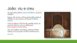 João: viu e creu
καὶ παρακύψασ βλέπει κείμενα τὰ ὀθόνια, οὐ μέντοι
εἰςῆλθεν.
ἔρχεται οὖν καὶ Σίμων Πέτροσ ἀκολουθῶν αὐτῷ καὶ
εἰςῆλθεν εἰσ τὸ μνημεῖον, καὶ θεωρεῖ τὰ ὀθόνια
κείμενα,
καὶ τὸ ςουδάριον, ὃ ἦν ἐπὶ τῆσ κεφαλῆσ αὐτοῦ, οὐ
μετὰ τῶν ὀθονίων κείμενον ἀλλὰ χωρὶσ
ἐντετυλιγμένον εἰσ ἕνα τόπον.
τότε οὖν εἰςῆλθεν καὶ ὁ ἄλλοσ μαθητὴσ ὁ ἐλθὼν
πρῶτοσ εἰσ τὸ μνημεῖον καὶ εἶδεν καὶ ἐπίςτευςεν·
(Jo 20,5-8)
 