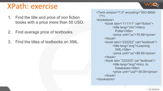 XPath: exercise
1. Find the title and price of non fiction
books with a price more than 50 USD.
2. Find average price of textbooks.
3. Find the titles of textbooks on XML.
<?xml version="1.0" encoding="ISO-8859-
1"?>
<bookstore>
<book isbn=“111111” cat=“fiction”>
<title lang=“chn”>Harry
Potter</title>
<price unit=“us”>79.99</price>
</book>
<book isbn=“222222” cat=“textbook”>
<title lang=“eng”>Learning
XML</title>
<price unit=“us”>69.95</price>
</book>
<book isbn "333333" cat "textbook">
<title lang="eng">Intro. to
Databases</title>
<price unit="usd">39.00</price>
</book>
</bookstore>
 