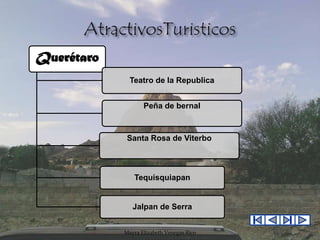 Querétaro
Teatro de la Republica
Peña de bernal

Santa Rosa de Viterbo

Tequisquiapan

Jalpan de Serra
Mayra Elizabeth Venegas Rico

 