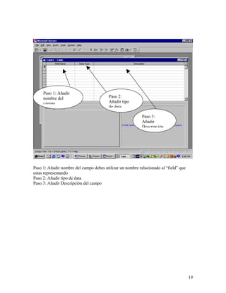 Paso 1: Añadir
     nombre del                          Paso 2:
     campo                               Añadir tipo
                                         de data

                                                           Paso 3:
                                                           Añadir
                                                           Descripción




Paso 1: Añadir nombre del campo debes utilizar un nombre relacionado al “field” que
estas representando
Paso 2: Añadir tipo de data
Paso 3: Añadir Descripción del campo




                                                                                      19
 