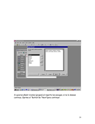 Si quieres añadir niveles (grupos) al reporte los escoges, si no lo deseas
continua. Oprime el “Button”de “Next”para continuar.




                                                                             39
 