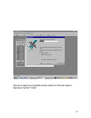 Para ver el reporte en la pantalla. Puedes cambiar el título del reporte.
Oprimes el “button” “finish”.




                                                                            43
 