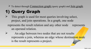  To detect through Connection graph (query graph) and Join graph.
1) Query Graph
 This graph is used for most queries involving select,
project, and join operations. In a graph, one node
represents the result relation and any other node represents
an operand relation.
 An edge between two nodes that are not results
represents a join, whereas an edge whose destination node
is the result represents a project.
 