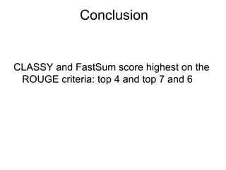 Conclusion CLASSY and FastSum score highest on the ROUGE criteria: top 4 and top 7 and 6 