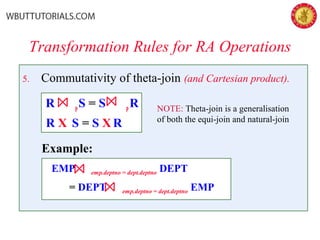 5. Commutativity of theta-join (and Cartesian product).
R pS = S pR
Transformation Rules for RA Operations
R X S = S X R
Example:
EMP emp.deptno = dept.deptno DEPT
= DEPT emp.deptno = dept.deptno EMP
NOTE: Theta-join is a generalisation
of both the equi-join and natural-join
 