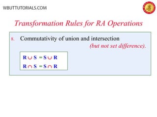 8. Commutativity of union and intersection
(but not set difference).
R ∪ S = S ∪ R
R ∩ S = S ∩ R
Transformation Rules for RA Operations
 