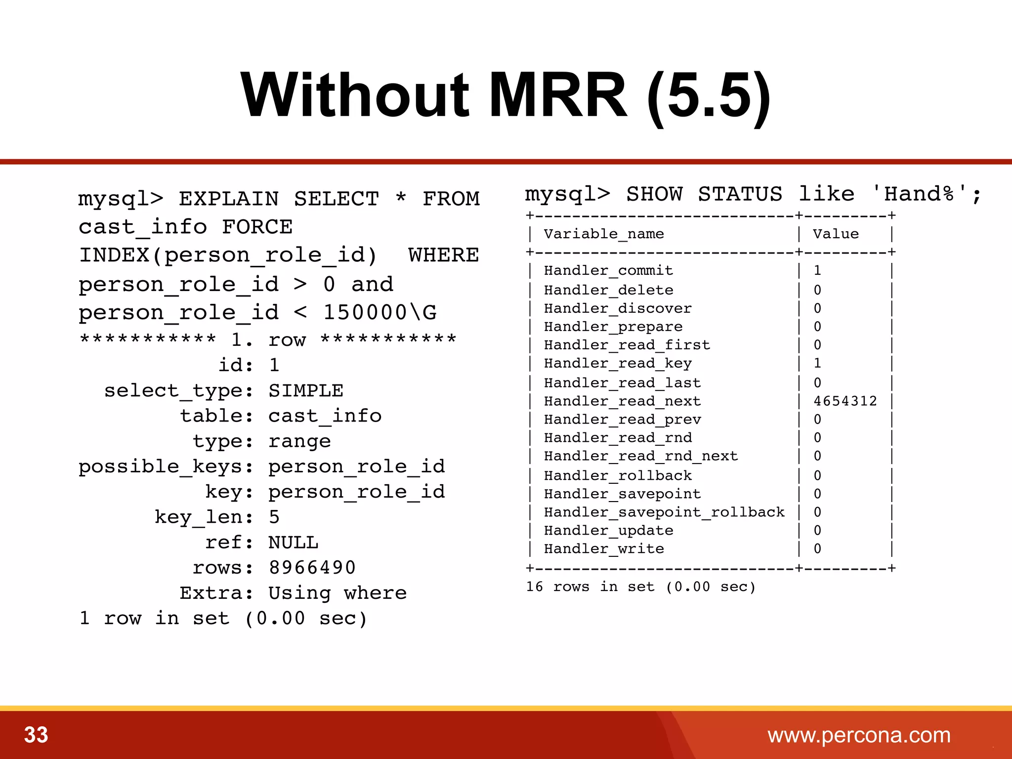 Without MRR (5.5)
mysql> EXPLAIN SELECT * FROM
cast_info FORCE
INDEX(person_role_id) WHERE
person_role_id > 0 and
person_role_id < 150000G 
*********** 1. row *********** 
id: 1 
select_type: SIMPLE 
table: cast_info 
type: range 
possible_keys: person_role_id 
key: person_role_id 
key_len: 5 
ref: NULL 
rows: 8966490 
Extra: Using where 
1 row in set (0.00 sec)!

33

mysql> SHOW STATUS like 'Hand%';!
+----------------------------+---------+!
| Variable_name
| Value
|!
+----------------------------+---------+!
| Handler_commit
| 1
|!
| Handler_delete
| 0
|!
| Handler_discover
| 0
|!
| Handler_prepare
| 0
|!
| Handler_read_first
| 0
|!
| Handler_read_key
| 1
|!
| Handler_read_last
| 0
|!
| Handler_read_next
| 4654312 |!
| Handler_read_prev
| 0
|!
| Handler_read_rnd
| 0
|!
| Handler_read_rnd_next
| 0
|!
| Handler_rollback
| 0
|!
| Handler_savepoint
| 0
|!
| Handler_savepoint_rollback | 0
|!
| Handler_update
| 0
|!
| Handler_write
| 0
|!
+----------------------------+---------+!
16 rows in set (0.00 sec)

www.percona.com

5

 