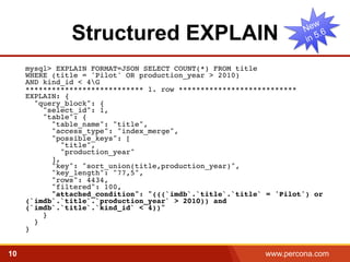 Structured EXPLAIN
mysql> EXPLAIN FORMAT=JSON SELECT COUNT(*) FROM title  
WHERE (title = 'Pilot' OR production_year > 2010)  
AND kind_id < 4G 
*************************** 1. row ***************************!
EXPLAIN: {!
"query_block": {!
"select_id": 1,!
"table": {!
"table_name": "title",!
"access_type": "index_merge",!
"possible_keys": [!
"title",!
"production_year"!
],!
"key": "sort_union(title,production_year)",!
"key_length": "77,5",!
"rows": 4434,!
"filtered": 100,!
"attached_condition": "(((`imdb`.`title`.`title` = 'Pilot') or
(`imdb`.`title`.`production_year` > 2010)) and
(`imdb`.`title`.`kind_id` < 4))"!
}!
}!
}!

10

www.percona.com

5

 
