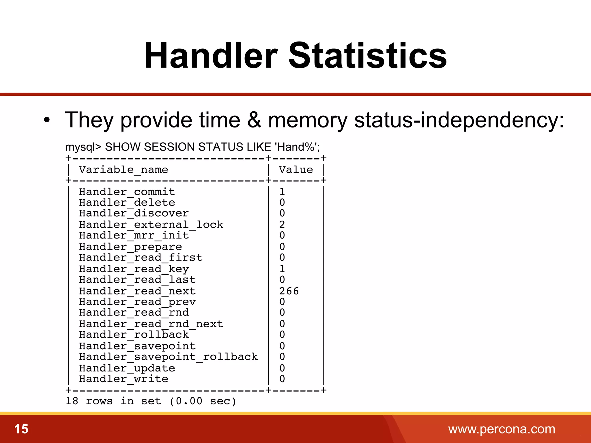 Handler Statistics 
• They provide time & memory status-independency: 
mysql> SHOW SESSION STATUS LIKE 'Hand%'; 
+----------------------------+-------+ 
| Variable_name | Value | 
+----------------------------+-------+ 
| Handler_commit | 1 | 
| Handler_delete | 0 | 
| Handler_discover | 0 | 
| Handler_external_lock | 2 | 
| Handler_mrr_init | 0 | 
| Handler_prepare | 0 | 
| Handler_read_first | 0 | 
| Handler_read_key | 1 | 
| Handler_read_last | 0 | 
| Handler_read_next | 266 | 
| Handler_read_prev | 0 | 
| Handler_read_rnd | 0 | 
| Handler_read_rnd_next | 0 | 
| Handler_rollback | 0 | 
| Handler_savepoint | 0 | 
| Handler_savepoint_rollback | 0 | 
| Handler_update | 0 | 
| Handler_write | 0 | 
+----------------------------+-------+ 
18 rows in set (0.00 sec) 
15 www.percona.com 5 
 