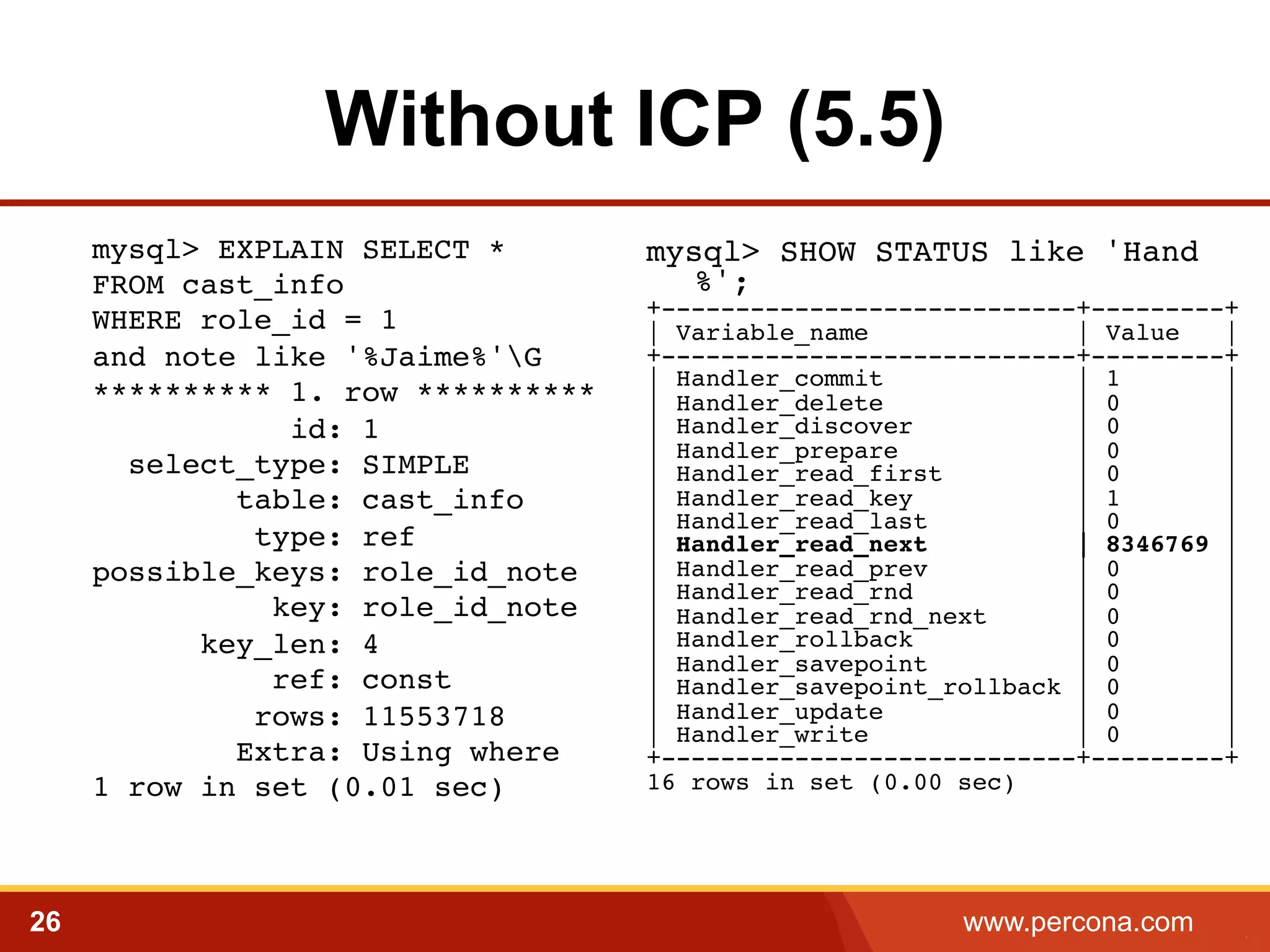 Without ICP (5.5) 
mysql> EXPLAIN SELECT * 
FROM cast_info 
WHERE role_id = 1 
and note like '%Jaime%'G 
********** 1. row ********** 
id: 1 
select_type: SIMPLE 
table: cast_info 
type: ref 
possible_keys: role_id_note 
key: role_id_note 
key_len: 4 
ref: const 
rows: 11553718 
Extra: Using where 
1 row in set (0.01 sec)! 
mysql> SHOW STATUS like 'Hand 
%';! 
+----------------------------+---------+! 
| Variable_name | Value |! 
+----------------------------+---------+! 
| Handler_commit | 1 |! 
| Handler_delete | 0 |! 
| Handler_discover | 0 |! 
| Handler_prepare | 0 |! 
| Handler_read_first | 0 |! 
| Handler_read_key | 1 |! 
| Handler_read_last | 0 |! 
| Handler_read_next | 8346769 |! 
| Handler_read_prev | 0 |! 
| Handler_read_rnd | 0 |! 
| Handler_read_rnd_next | 0 |! 
| Handler_rollback | 0 |! 
| Handler_savepoint | 0 |! 
| Handler_savepoint_rollback | 0 |! 
| Handler_update | 0 |! 
| Handler_write | 0 |! 
+----------------------------+---------+! 
16 rows in set (0.00 sec)! 
26 www.percona.com 5 
 
