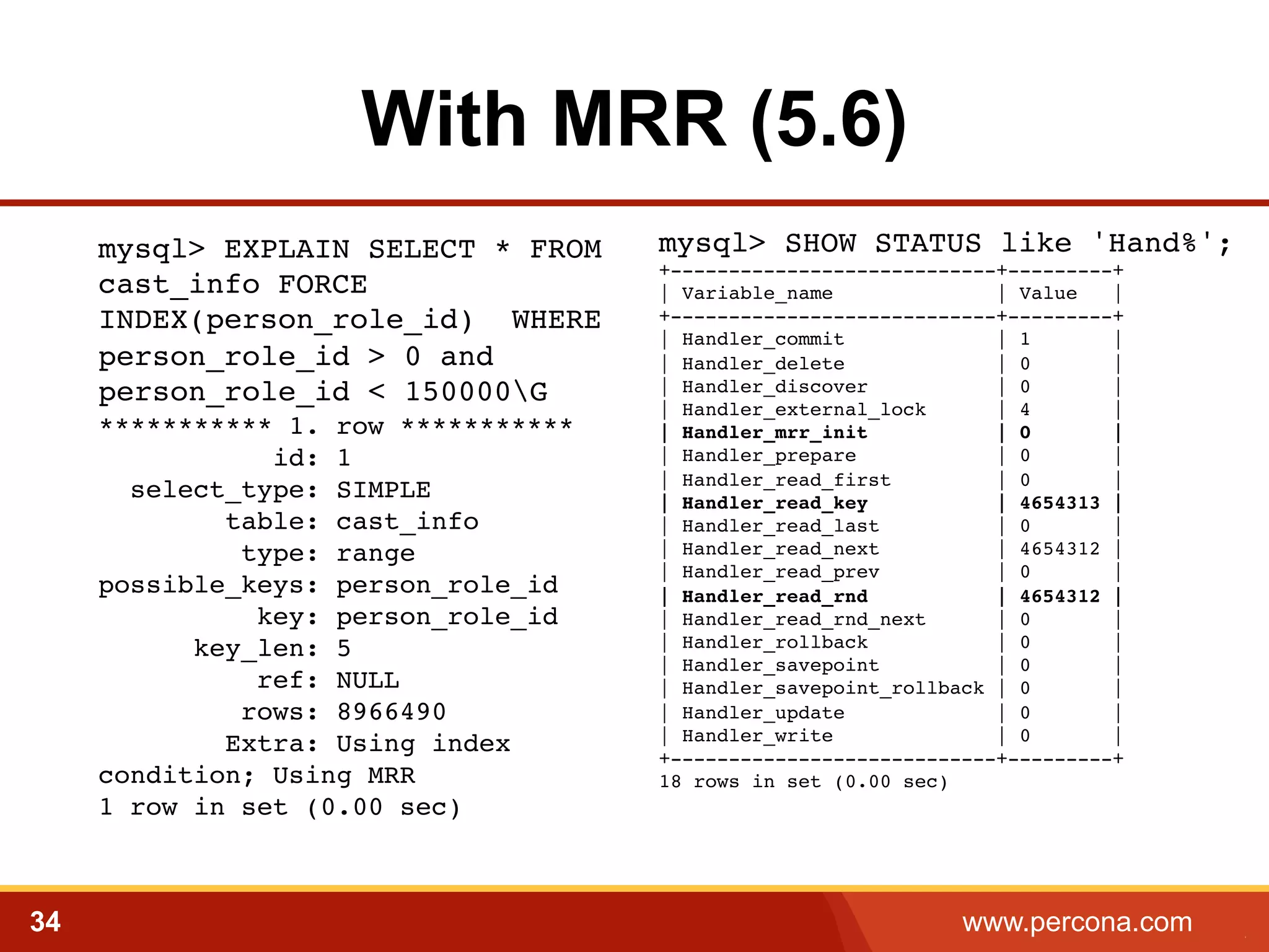 With MRR (5.6) 
mysql> SHOW STATUS like 'Hand%';! 
+----------------------------+---------+! 
| Variable_name | Value |! 
+----------------------------+---------+! 
| Handler_commit | 1 |! 
| Handler_delete | 0 |! 
| Handler_discover | 0 |! 
| Handler_external_lock | 4 |! 
| Handler_mrr_init | 0 |! 
| Handler_prepare | 0 |! 
| Handler_read_first | 0 |! 
| Handler_read_key | 4654313 |! 
| Handler_read_last | 0 |! 
| Handler_read_next | 4654312 |! 
| Handler_read_prev | 0 |! 
| Handler_read_rnd | 4654312 |! 
| Handler_read_rnd_next | 0 |! 
| Handler_rollback | 0 |! 
| Handler_savepoint | 0 |! 
| Handler_savepoint_rollback | 0 |! 
| Handler_update | 0 |! 
| Handler_write | 0 |! 
+----------------------------+---------+! 
18 rows in set (0.00 sec) 
mysql> EXPLAIN SELECT * FROM 
cast_info FORCE 
INDEX(person_role_id) WHERE 
person_role_id > 0 and 
person_role_id < 150000G 
*********** 1. row *********** 
id: 1 
select_type: SIMPLE 
table: cast_info 
type: range 
possible_keys: person_role_id 
key: person_role_id 
key_len: 5 
ref: NULL 
rows: 8966490 
Extra: Using index 
condition; Using MRR 
1 row in set (0.00 sec)! 
34 www.percona.com 5 
 