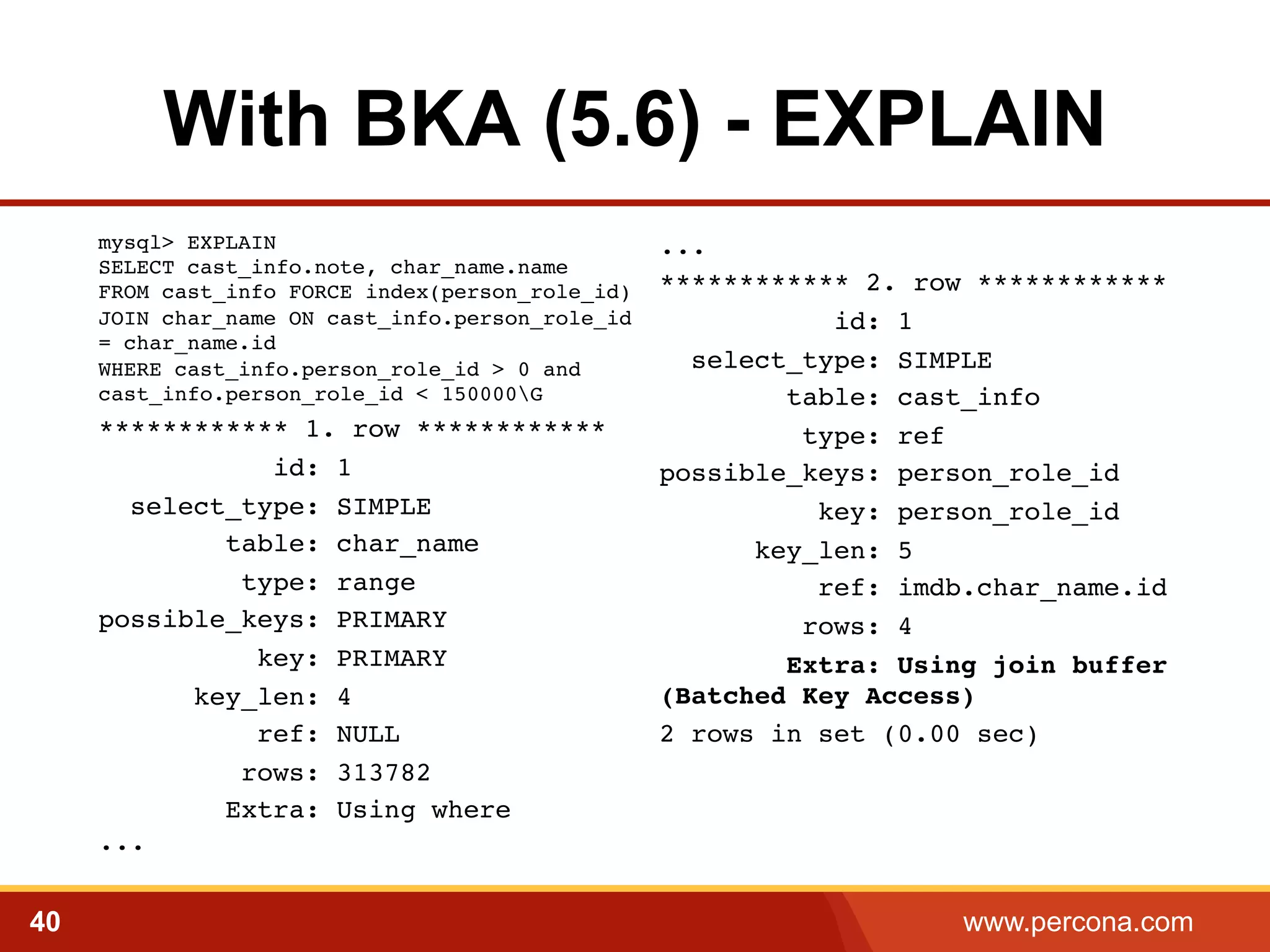 With BKA (5.6) - EXPLAIN 
...! 
************ 2. row ************! 
id: 1! 
select_type: SIMPLE! 
table: cast_info! 
type: ref! 
possible_keys: person_role_id! 
key: person_role_id! 
key_len: 5! 
ref: imdb.char_name.id! 
rows: 4! 
Extra: Using join buffer 
(Batched Key Access)! 
2 rows in set (0.00 sec)! 
mysql> EXPLAIN 
SELECT cast_info.note, char_name.name 
FROM cast_info FORCE index(person_role_id) 
JOIN char_name ON cast_info.person_role_id 
= char_name.id 
WHERE cast_info.person_role_id > 0 and 
cast_info.person_role_id < 150000G! 
************ 1. row ************! 
id: 1! 
select_type: SIMPLE! 
table: char_name! 
type: range! 
possible_keys: PRIMARY! 
key: PRIMARY! 
key_len: 4! 
ref: NULL! 
rows: 313782! 
Extra: Using where 
...! 
40 www.percona.com 
 