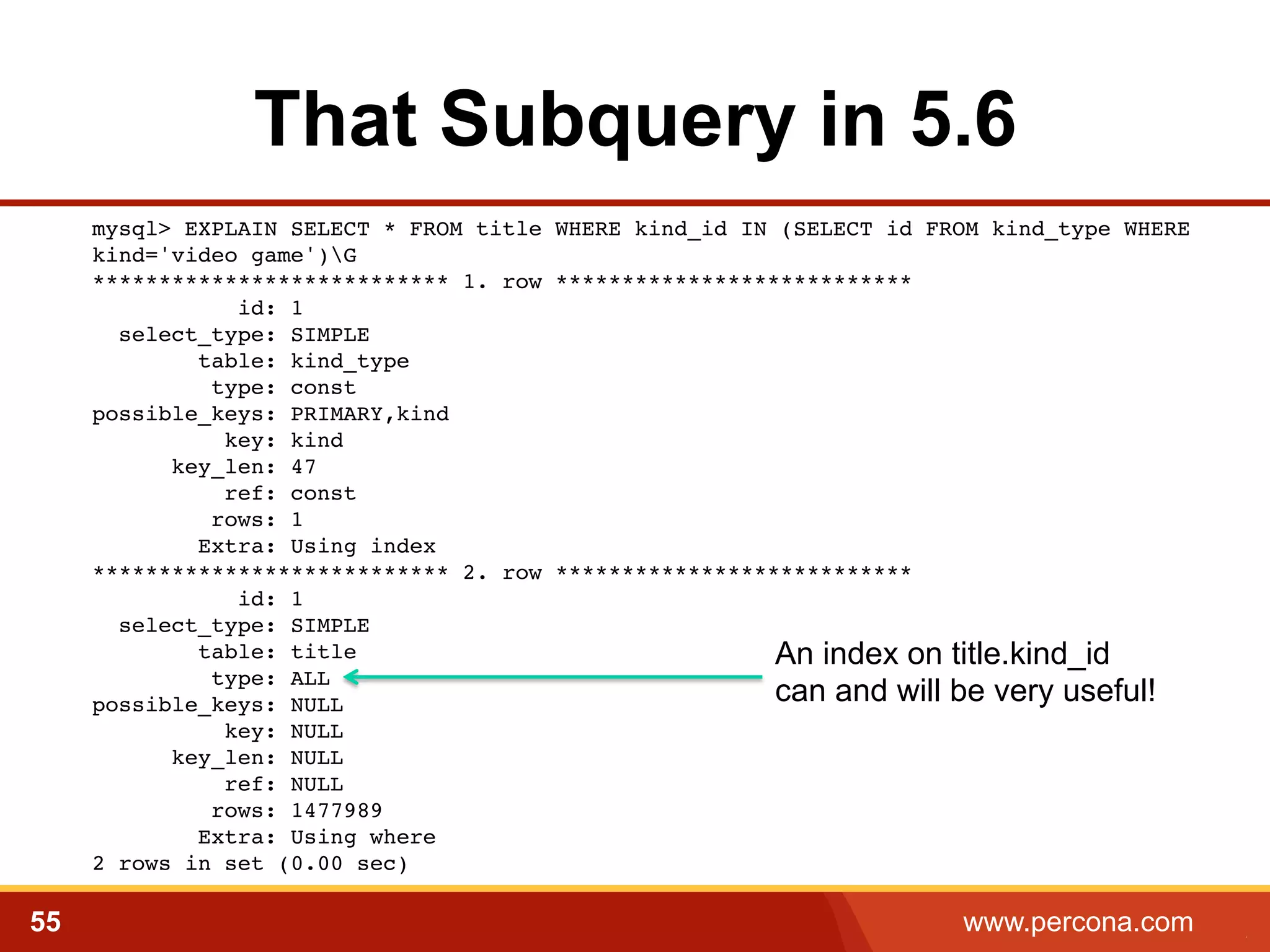 That Subquery in 5.6 
﻿mysql> EXPLAIN SELECT * FROM title WHERE kind_id IN (SELECT id FROM kind_type WHERE 
kind='video game')G 
*************************** 1. row *************************** 
id: 1 
select_type: SIMPLE 
table: kind_type 
type: const 
possible_keys: PRIMARY,kind 
key: kind 
key_len: 47 
ref: const 
rows: 1 
Extra: Using index 
*************************** 2. row *************************** 
id: 1 
select_type: SIMPLE 
table: title 
type: ALL 
possible_keys: NULL 
key: NULL 
key_len: NULL 
ref: NULL 
rows: 1477989 
Extra: Using where 
2 rows in set (0.00 sec)! 
An index on title.kind_id 
can and will be very useful! 
55 www.percona.com 5 
 