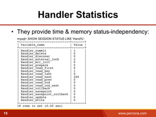 Handler Statistics 
• They provide time & memory status-independency: 
mysql> SHOW SESSION STATUS LIKE 'Hand%'; 
+----------------------------+-------+ 
| Variable_name | Value | 
+----------------------------+-------+ 
| Handler_commit | 1 | 
| Handler_delete | 0 | 
| Handler_discover | 0 | 
| Handler_external_lock | 2 | 
| Handler_mrr_init | 0 | 
| Handler_prepare | 0 | 
| Handler_read_first | 0 | 
| Handler_read_key | 1 | 
| Handler_read_last | 0 | 
| Handler_read_next | 266 | 
| Handler_read_prev | 0 | 
| Handler_read_rnd | 0 | 
| Handler_read_rnd_next | 0 | 
| Handler_rollback | 0 | 
| Handler_savepoint | 0 | 
| Handler_savepoint_rollback | 0 | 
| Handler_update | 0 | 
| Handler_write | 0 | 
+----------------------------+-------+ 
18 rows in set (0.00 sec) 
15 www.percona.com 5 
 