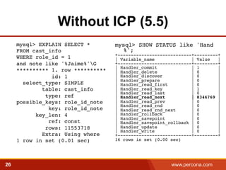 Without ICP (5.5) 
mysql> EXPLAIN SELECT * 
FROM cast_info 
WHERE role_id = 1 
and note like '%Jaime%'G 
********** 1. row ********** 
id: 1 
select_type: SIMPLE 
table: cast_info 
type: ref 
possible_keys: role_id_note 
key: role_id_note 
key_len: 4 
ref: const 
rows: 11553718 
Extra: Using where 
1 row in set (0.01 sec)! 
mysql> SHOW STATUS like 'Hand 
%';! 
+----------------------------+---------+! 
| Variable_name | Value |! 
+----------------------------+---------+! 
| Handler_commit | 1 |! 
| Handler_delete | 0 |! 
| Handler_discover | 0 |! 
| Handler_prepare | 0 |! 
| Handler_read_first | 0 |! 
| Handler_read_key | 1 |! 
| Handler_read_last | 0 |! 
| Handler_read_next | 8346769 |! 
| Handler_read_prev | 0 |! 
| Handler_read_rnd | 0 |! 
| Handler_read_rnd_next | 0 |! 
| Handler_rollback | 0 |! 
| Handler_savepoint | 0 |! 
| Handler_savepoint_rollback | 0 |! 
| Handler_update | 0 |! 
| Handler_write | 0 |! 
+----------------------------+---------+! 
16 rows in set (0.00 sec)! 
26 www.percona.com 5 
 