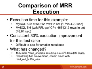 Comparison of MRR 
Execution 
• Execution time for this example: 
• MySQL 5.5: 4654312 rows in set (1 min 4.79 sec) 
• MySQL 5.6 (w/MRR, wo/ICP): 4654312 rows in set 
(48.64 sec) 
• Consistent 33% execution improvement 
for this test case 
• Difficult to see for smaller resultsets 
• What has changed? 
• 15% more “read_ahead”s, resulting in a 40% less data reads 
• Reordering has an overhead, can be tuned with 
read_rnd_buffer_size 
35 www.percona.com 5 
 