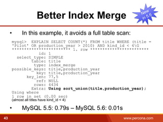 Better Index Merge 
• In this example, it avoids a full table scan: 
mysql> EXPLAIN SELECT COUNT(*) FROM title WHERE (title = 
'Pilot' OR production_year > 2010) AND kind_id < 4G 
************************ 1. row ************************ 
id: 1 
select_type: SIMPLE 
table: title 
type: index_merge 
possible_keys: title,production_year 
key: title,production_year 
key_len: 77,5 
ref: NULL 
rows: 4434 
Extra: Using sort_union(title,production_year); 
Using where 
1 row in set (0.00 sec) 
(almost all titles have kind_id < 4) 
• MySQL 5.5: 0.79s – MySQL 5.6: 0.01s 
43 www.percona.com 5 
 