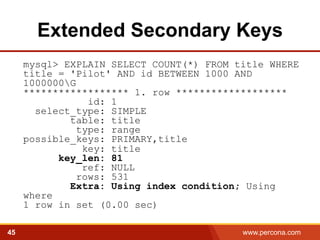 Extended Secondary Keys 
mysql> EXPLAIN SELECT COUNT(*) FROM title WHERE 
title = 'Pilot' AND id BETWEEN 1000 AND 
1000000G 
****************** 1. row ******************* 
id: 1 
select_type: SIMPLE 
table: title 
type: range 
possible_keys: PRIMARY,title 
key: title 
key_len: 81 
ref: NULL 
rows: 531 
Extra: Using index condition; Using 
where 
1 row in set (0.00 sec) 
45 www.percona.com 5 
 