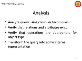 Analysis
• Analyze query using compiler techniques
• Verify that relations and attributes exist
• Verify that operations are appropriate for
object type
• Transform the query into some internal
representation
18
 