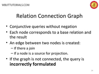 Relation Connection Graph
• Conjunctive queries without negation
• Each node corresponds to a base relation and
the result
• An edge between two nodes is created:
– If there a join
– If a node is a source for projection.
• If the graph is not connected, the query is
incorrectly formulated
24
 