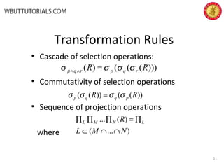 Transformation Rules
• Cascade of selection operations:
• Commutativity of selection operations
• Sequence of projection operations
where )...(
)(...
NML
R LNML
∩∩⊂
∏=∏∏∏
)))((()( RR rqprqp σσσσ =∧∧
31
))(())(( RR pqqp σσσσ =
 
