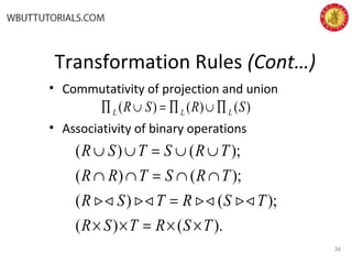 Transformation Rules (Cont…)
• Commutativity of projection and union
• Associativity of binary operations
34
)()()( SRSR LLL ∏∪∏=∪∏
).()(
);()(
);()(
);()(
TSRTSR
TSRTSR
TRSTRR
TRSTSR
××=××
=
∩∩=∩∩
∪∪=∪∪

 