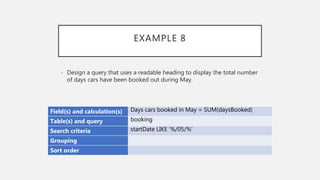 EXAMPLE 8
Field(s) and calculation(s) Days cars booked in May = SUM(daysBooked)
Table(s) and query booking
Search criteria startDate LIKE ‘%/05/%’
Grouping
Sort order
• Design a query that uses a readable heading to display the total number
of days cars have been booked out during May.
 