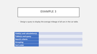 EXAMPLE 3
Field(s) and calculation(s)
Table(s) and query
Search criteria
Grouping
Sort order
• Design a query to display the average mileage of all cars in the car table.
 