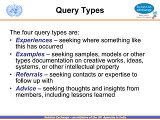 Query Types The four query types are: Experiences  – seeking where something like this has occurred  Examples  – seeking samples, models or other types documentation on creative works, ideas, systems, or other intellectual property  Referrals  – seeking contacts or expertise to follow up with Advice   –   seeking thoughts and insights from members, including lessons learned 