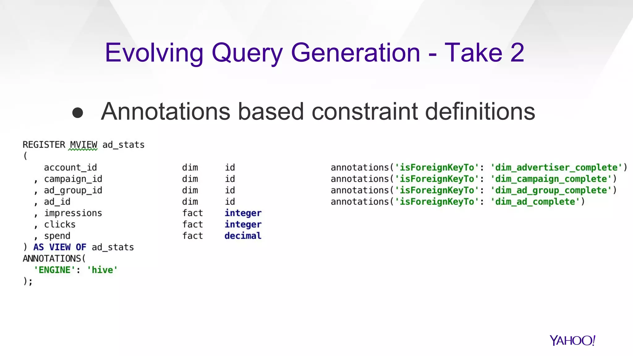 ● Annotations based constraint definitions
Evolving Query Generation - Take 2
 