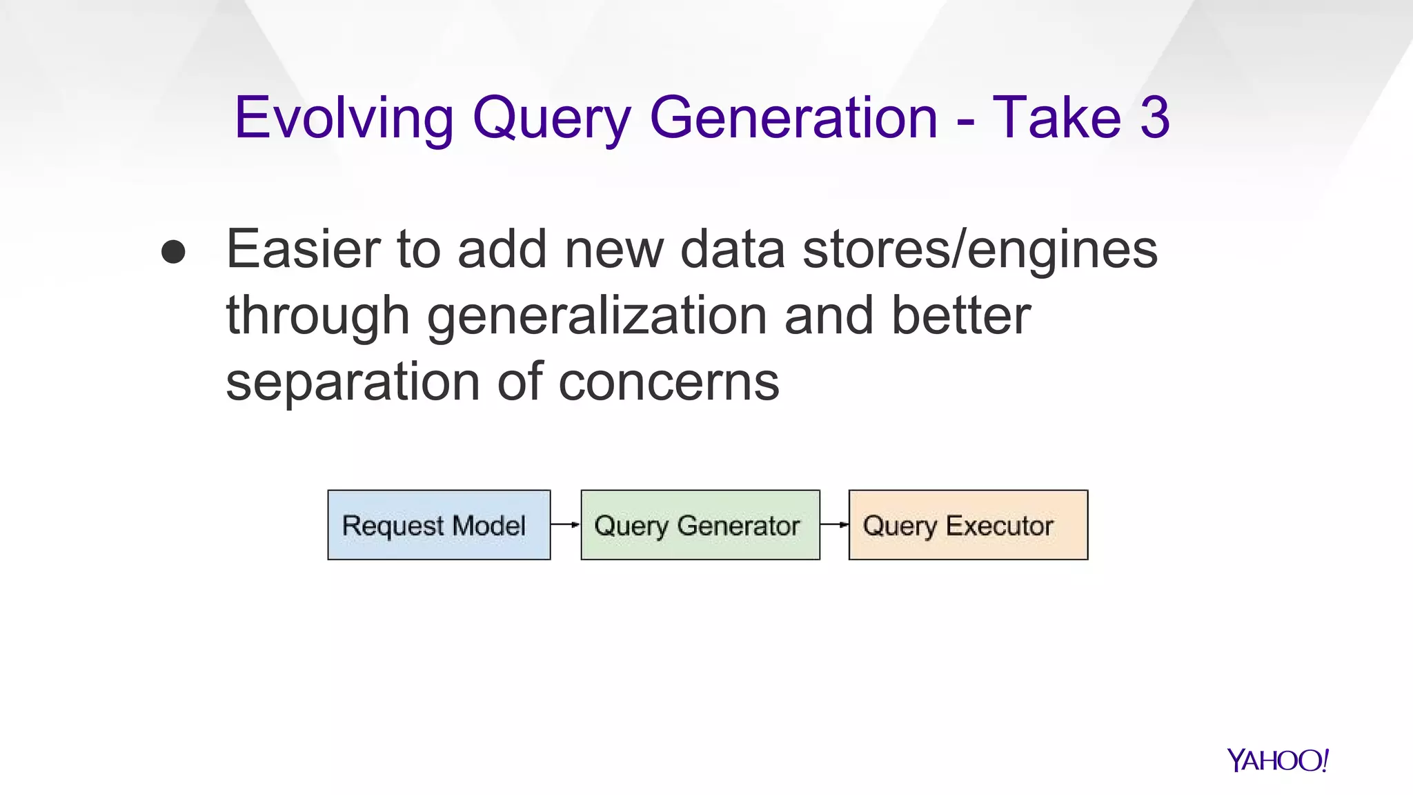 ● Easier to add new data stores/engines
through generalization and better
separation of concerns
Evolving Query Generation - Take 3
 