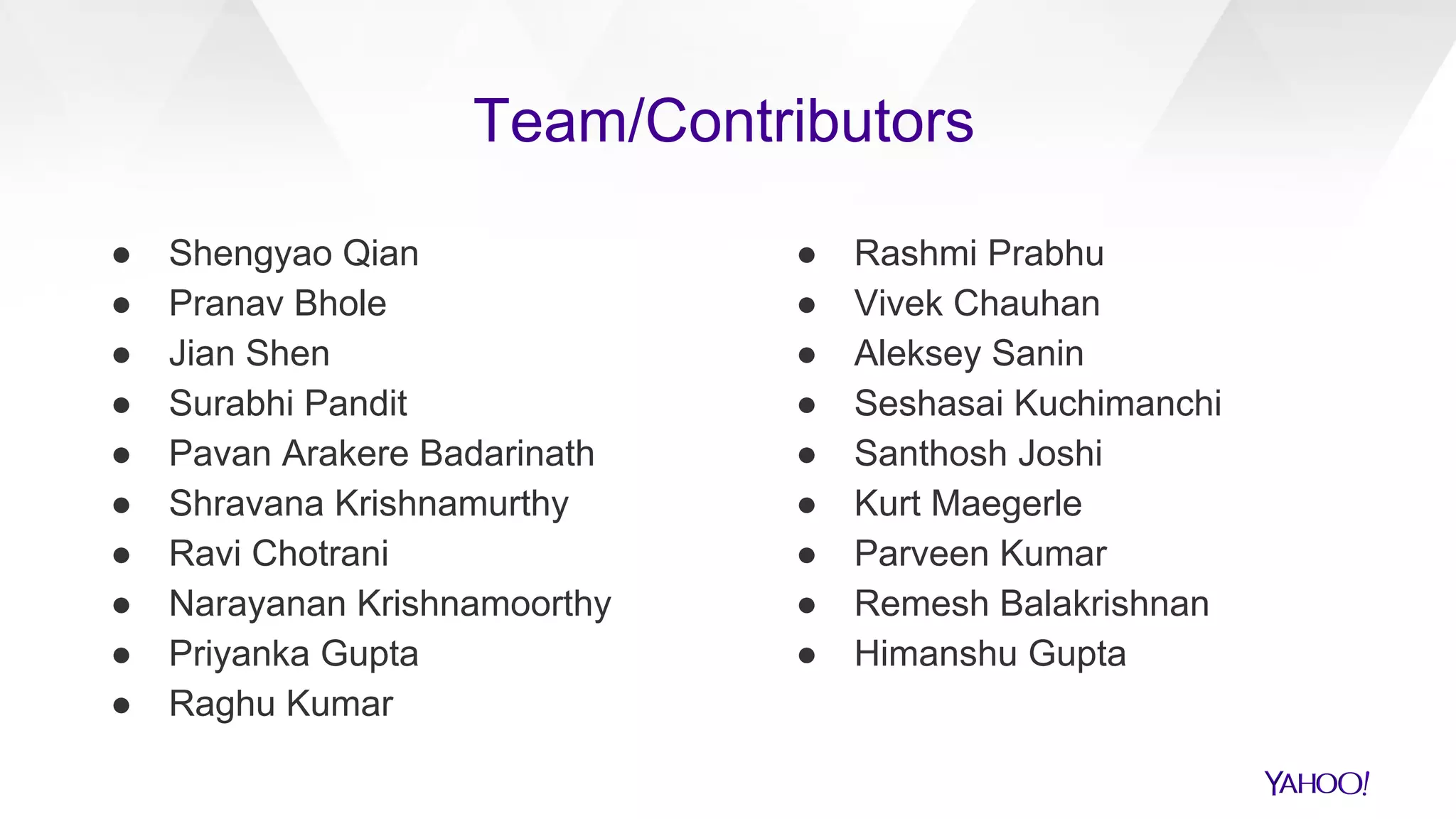 Team/Contributors
● Shengyao Qian
● Pranav Bhole
● Jian Shen
● Surabhi Pandit
● Pavan Arakere Badarinath
● Shravana Krishnamurthy
● Ravi Chotrani
● Narayanan Krishnamoorthy
● Priyanka Gupta
● Raghu Kumar
● Rashmi Prabhu
● Vivek Chauhan
● Aleksey Sanin
● Seshasai Kuchimanchi
● Santhosh Joshi
● Kurt Maegerle
● Parveen Kumar
● Remesh Balakrishnan
● Himanshu Gupta
 
