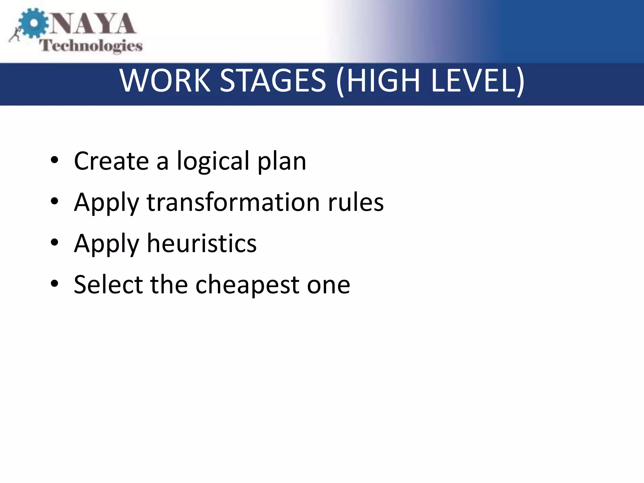 WORK STAGES (HIGH LEVEL)

•   Create a logical plan
•   Apply transformation rules
•   Apply heuristics
•   Select the cheapest one
 