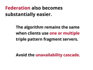 The algorithm remains the same 
when clients use one or multiple 
triple pattern fragment servers.
Federation also becomes...