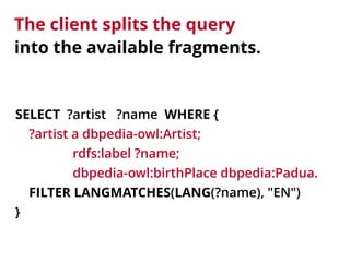 The client splits the query 
into the available fragments. 
SELECT ?artist ?name WHERE { 
?artist a dbpedia-owl:Artist; 
rdfs:label ?name; 
dbpedia-owl:birthPlace dbpedia:Padua. 
FILTER LANGMATCHES(LANG(?name), "EN") 
} 
 