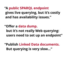 “A public SPARQL endpoint 
gives live querying, but it’s costly 
and has availability issues.” 
“Offer a data dump. 
but it’s not really Web querying: 
users need to set up an endpoint” 
“Publish Linked Data documents. 
But querying is very slow…” 
 